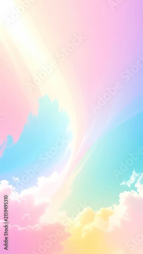 Dreamy rainbow sky background with soft white clouds.