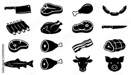 Butcher Shop and Fresh Meat Product Icon Set with Beef, Chicken, Pork, and Cleaver Knife Symbols for BBQ Restaurant Menus, Packaging, and Grocery Store Branding