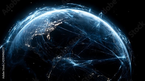 Futuristic Earth with a transparent holographic financial network surrounding the planet, digital payment streams