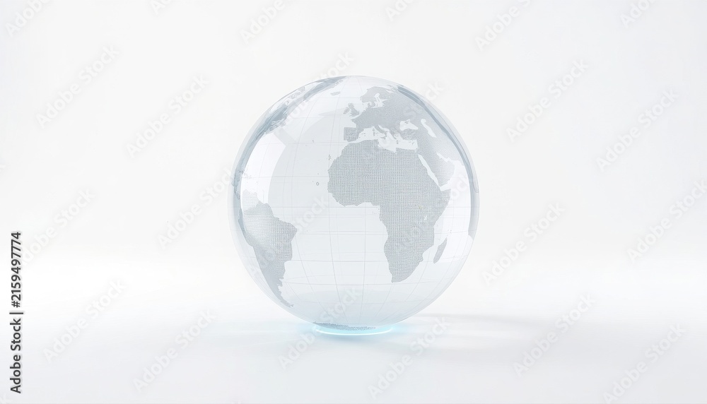 Fototapeta premium A transparent glass crystal globe planet earth map sphere resting on a clean minimalist white surface representing global ecology and environment with transparent geography environment internationa