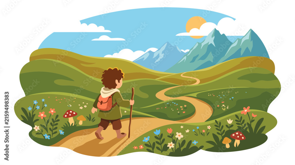 Fototapeta premium Fantasy Hobbit Traveler Hiking on Winding Path in Green Hills Landscape Vector Illustration with Mountains