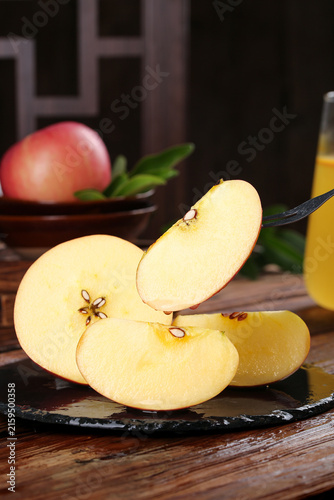 Photography Fresh Sliced Red Fuji Apples on Slate Board with Knife and Apple Juice