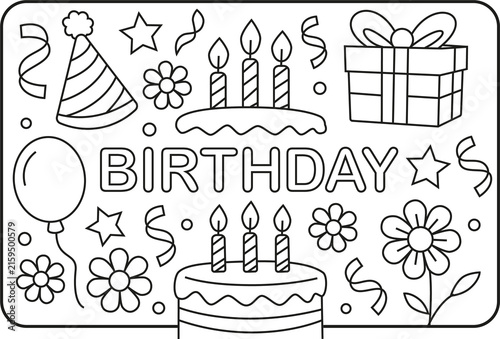 Fotografía Joyeux anniversaire, dessin au trait dessiné à la main, illustration style gribo