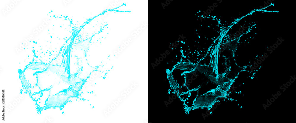 Obraz premium Blue water splash set on white and black backgrounds, dynamic liquid crown splash, fresh water droplets and spray for product design