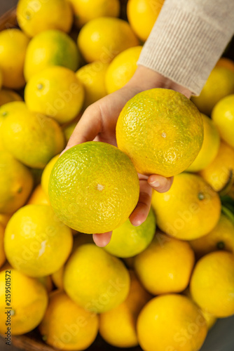 Quadro su tela Fresh Fujian Sweetheart Pomelo Oranges Hand Picked at Alpine Market Display