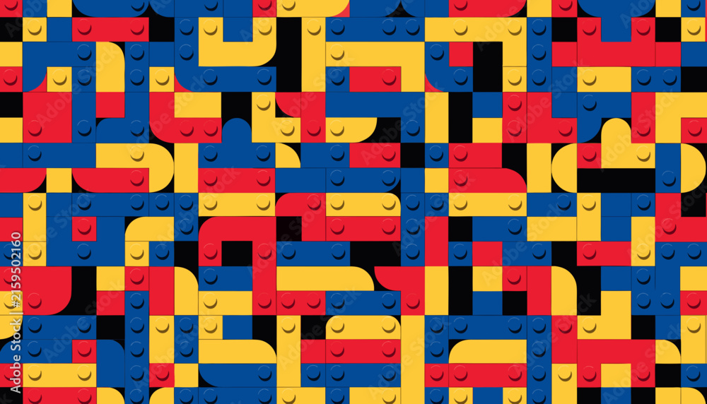Fototapeta premium Bright colorful LEGO bricks arranged in seamless geometric mosaic pattern with smiling faces