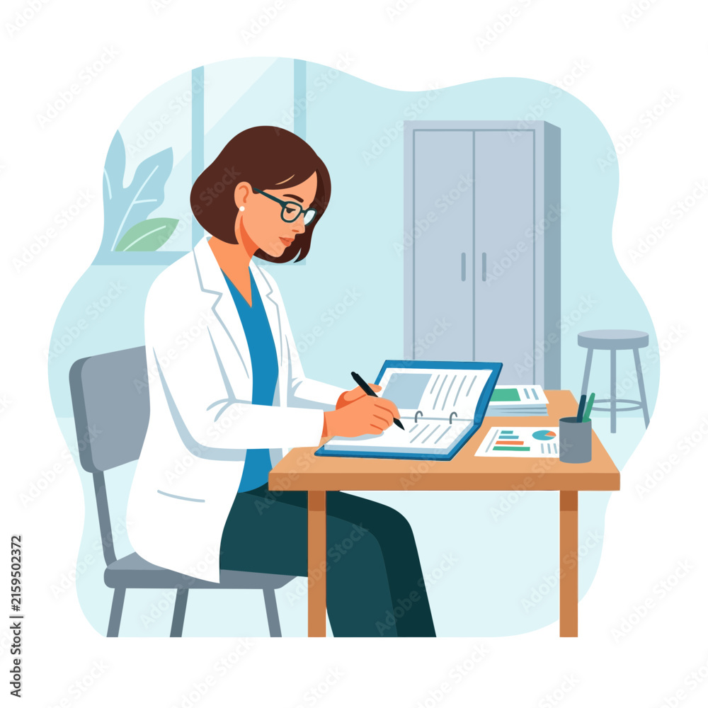 Fototapeta premium Female doctor in a white coat writing in a medical journal at her desk, flat vector illustration