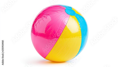 Vibrant Beach Ball with Pink, Yellow, and Blue Panels on White Background.