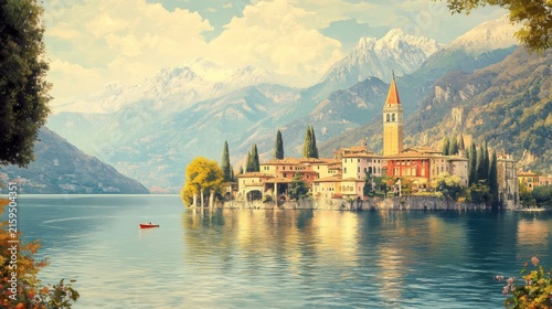 Lake Como Italy Poster Illustration Travel Print Decor Gift Paper Canvas Wall Retro Art