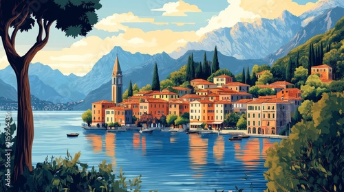 Lake Como Italy Poster Illustration Travel Print Decor Gift Paper Canvas Wall Retro Art