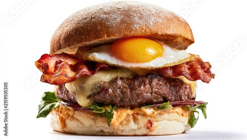 Gourmet Bacon Egg Cheeseburger with Fresh Greens on a Toasted Bun.