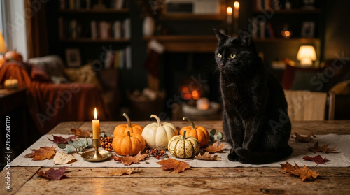 Black Cat Sitting Next To Thanksgiving Pumpkins In A Cozy Living Room