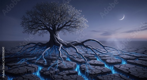 Tree with glowing roots at night.