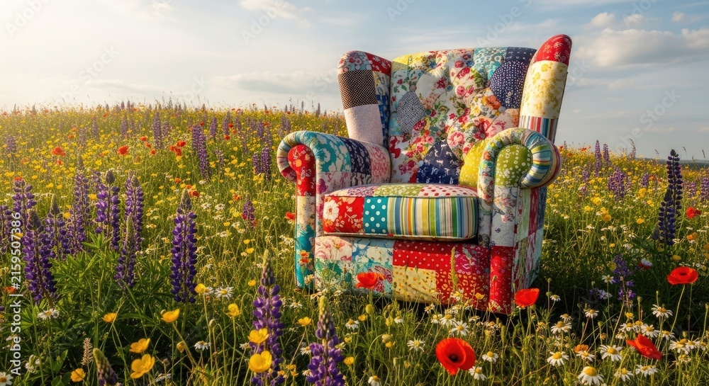 Naklejka premium Vibrant patchwork chair in flower field.