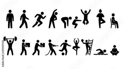 Human pose silhouette icons set with black outlines featuring standing, sitting, walking, running, and yoga with dynamic gestures and minimal style