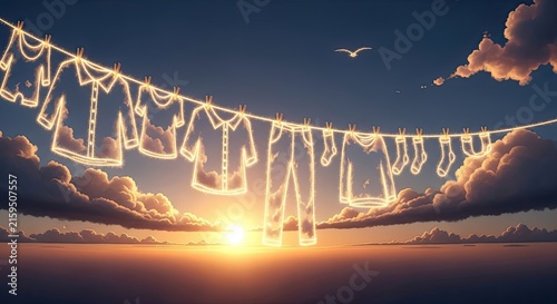 Vibrant string lights at sunset beach.