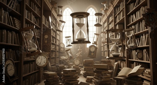 Obraz na płótnie Vintage library with old books and clocks.