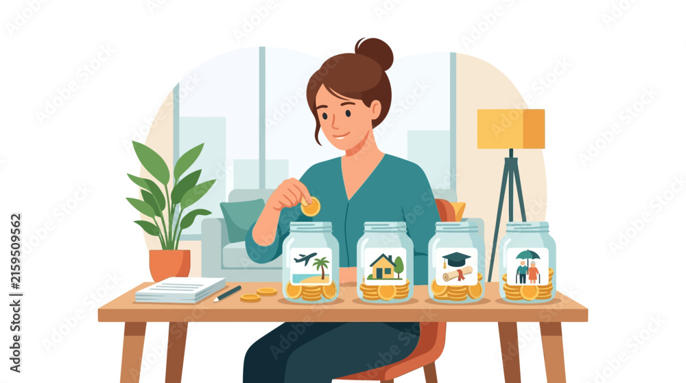 Fototapeta premium Young Woman Managing Financial Budget by Putting Coins into Savings Jars for Future Goals Flat Vector Element