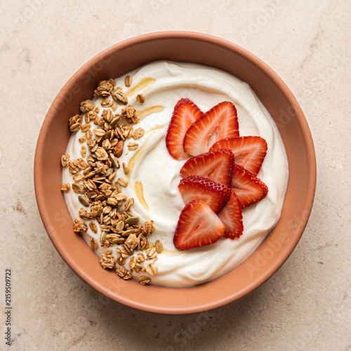 Top View Of Fresh Strawberry Yogurt Bowl With Granola And Honey