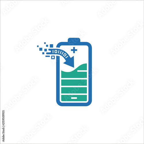 A digital battery icon showing a charging process with binary data