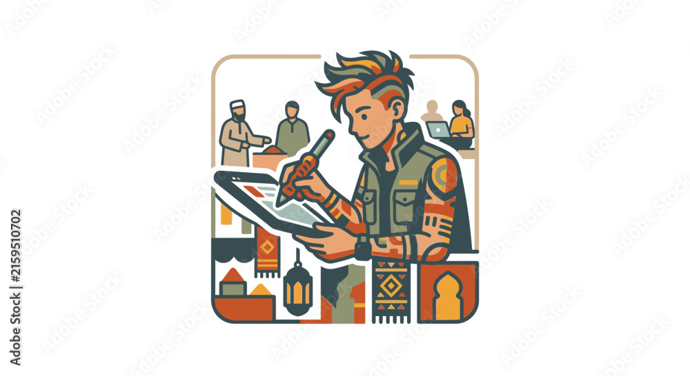 Fototapeta premium Artist using digital tablet with cultural icons.