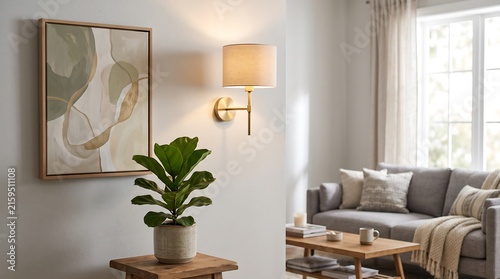 A tastefully decorated living room corner features a contemporary wall sconce, modern artwork, and a potted plant, creating a serene and stylish ambiance.