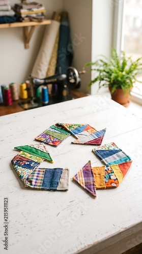 A recycling symbol crafted from colorful fabric scraps sits on a wooden table, evoking a sense of sustainable living and creative reuse.