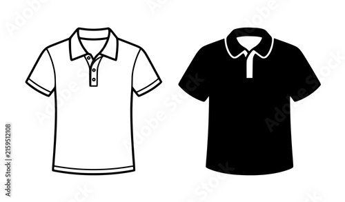 Polo Shirt Outline and Solid Black Vector Icon Pair with Collar Buttons and Short Sleeve Garment Design