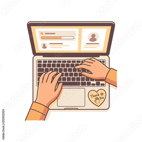 Flat lay of hands typing on a laptop computer.