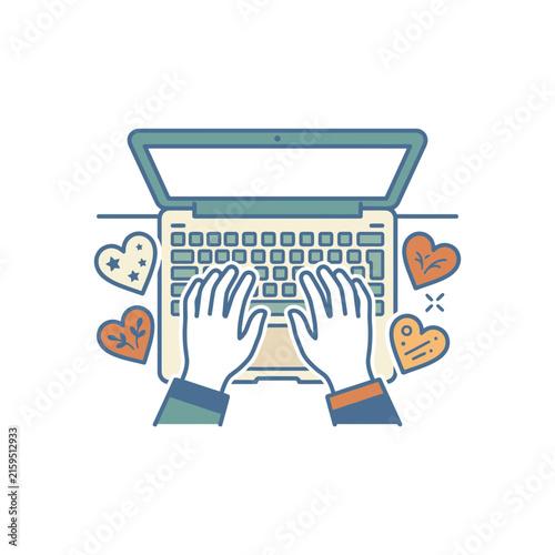 Hands typing on laptop keyboard with social media icons.