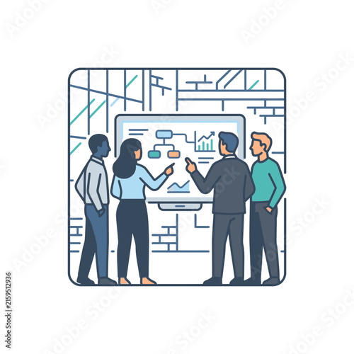 Business team analyzing strategy flowchart on large screen.