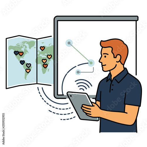 Man syncing global map data with wireless tablet device