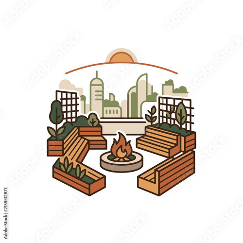 Wooden outdoor seating around a central fire pit.