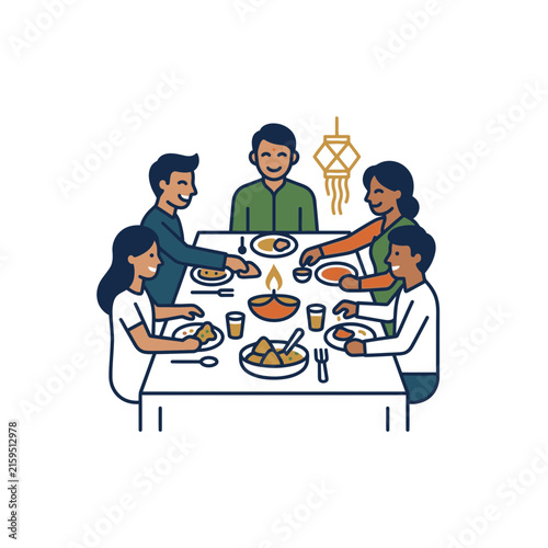 Family sharing traditional meal at dining table.