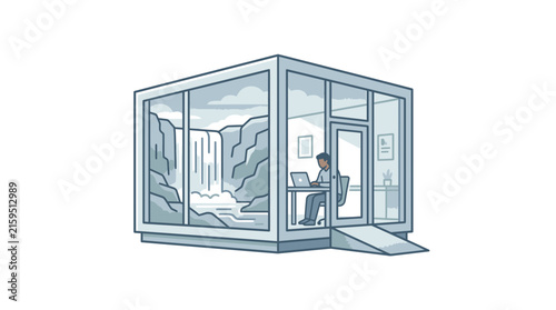 Glass modular office pod located near a waterfall.