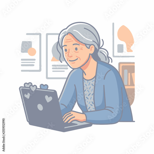 Happy senior woman using laptop computer at home.