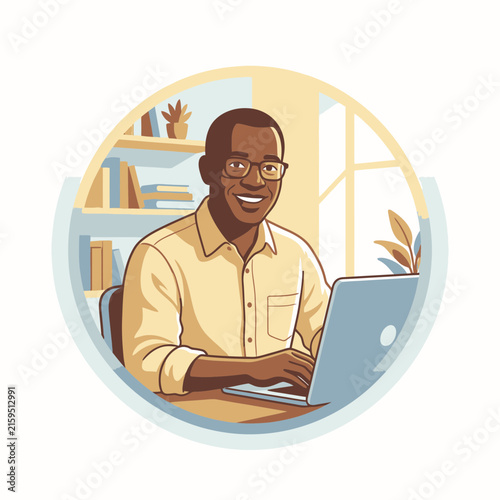 Man with glasses using laptop in circular frame.