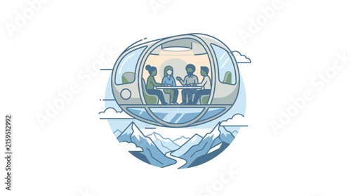 People meeting in floating glass sphere over mountain landscape.