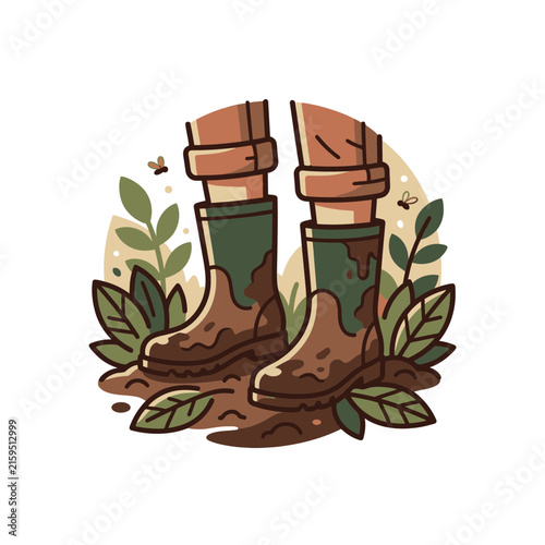 Dirty work boots among autumn forest leaves.