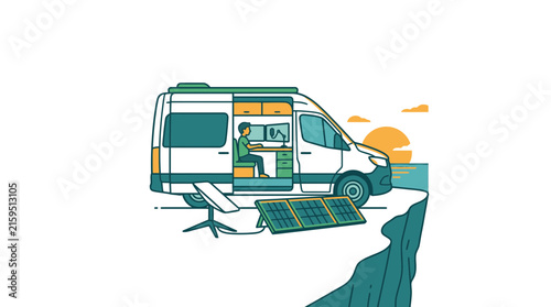 Digital nomad working from van with solar panels on cliff.