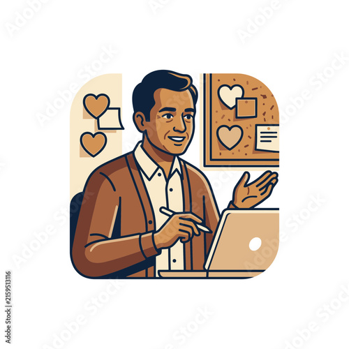 Businessman presenting with laptop and bulletin board.