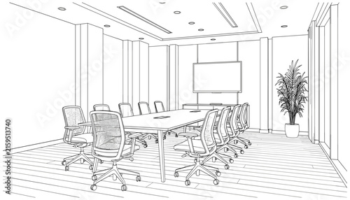 Modern corporate conference meeting room interior sketch with boardroom table office chairs and presentation screen