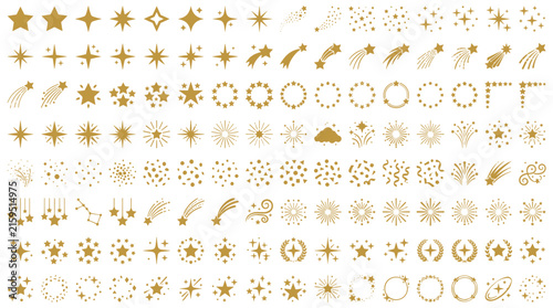 Golden Star and Sparkle Vector Set with Christmas Fireworks and Celestial Shooting Star Symbols