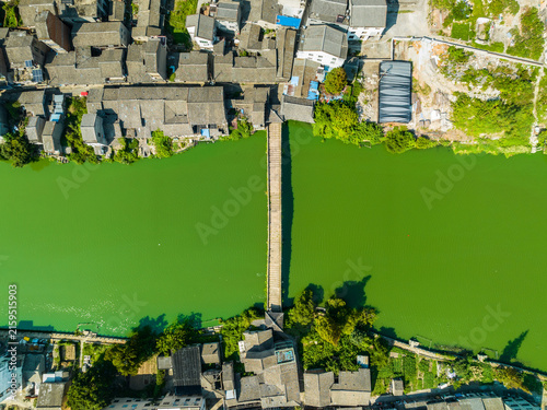 Wooden Bridge Over Green Water in Wenling, Jinqing, China - Aerial View