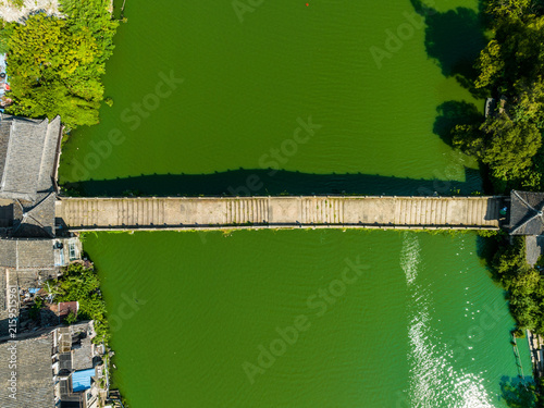 Jinqing Bridge Over Green Water, Wenling China - Aerial View