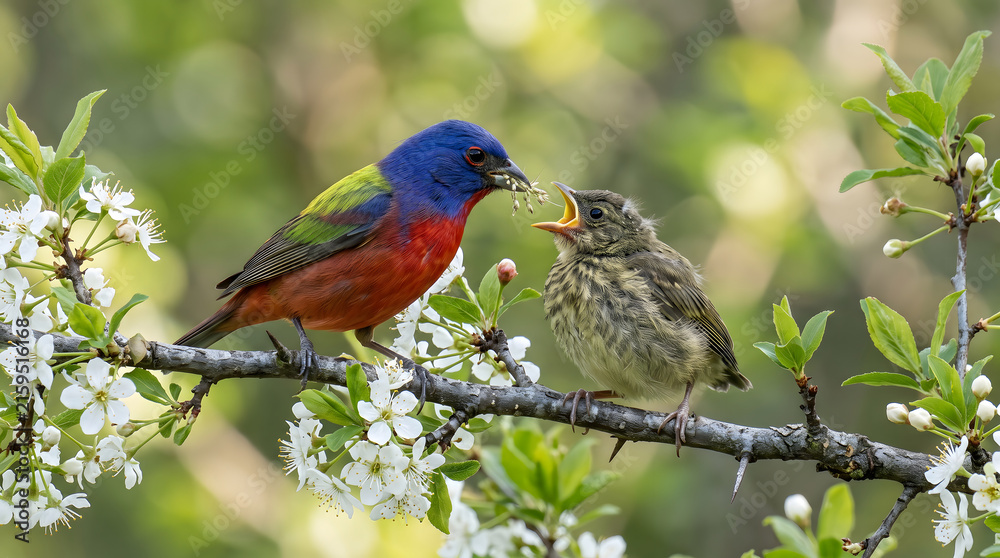 Obraz premium Painted Bunting bird feeding its hungry fledgling chick on a blooming spring branch