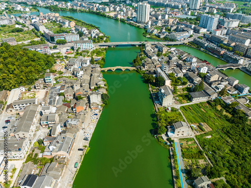 Wenling City Aerial View with Emerald River and Historic Bridges, China