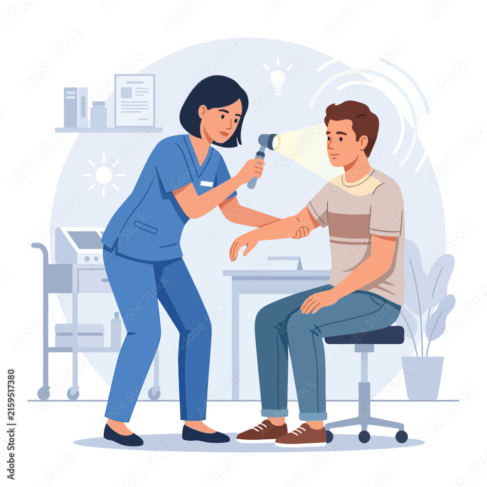 Obraz premium Doctor examining patient with otoscope in clinic examination room, modern healthcare concept