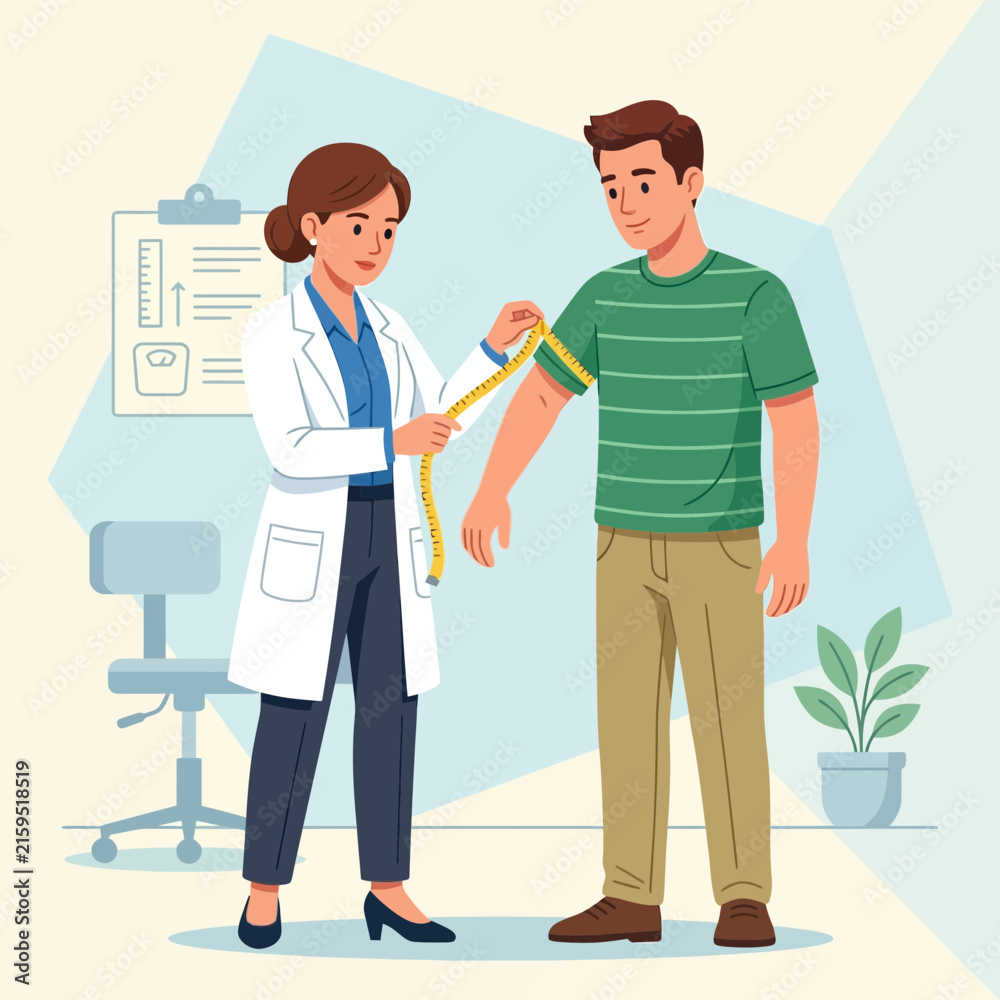 Fototapeta premium Doctor measuring patient's arm circumference in a medical clinic for health assessment and weight management.