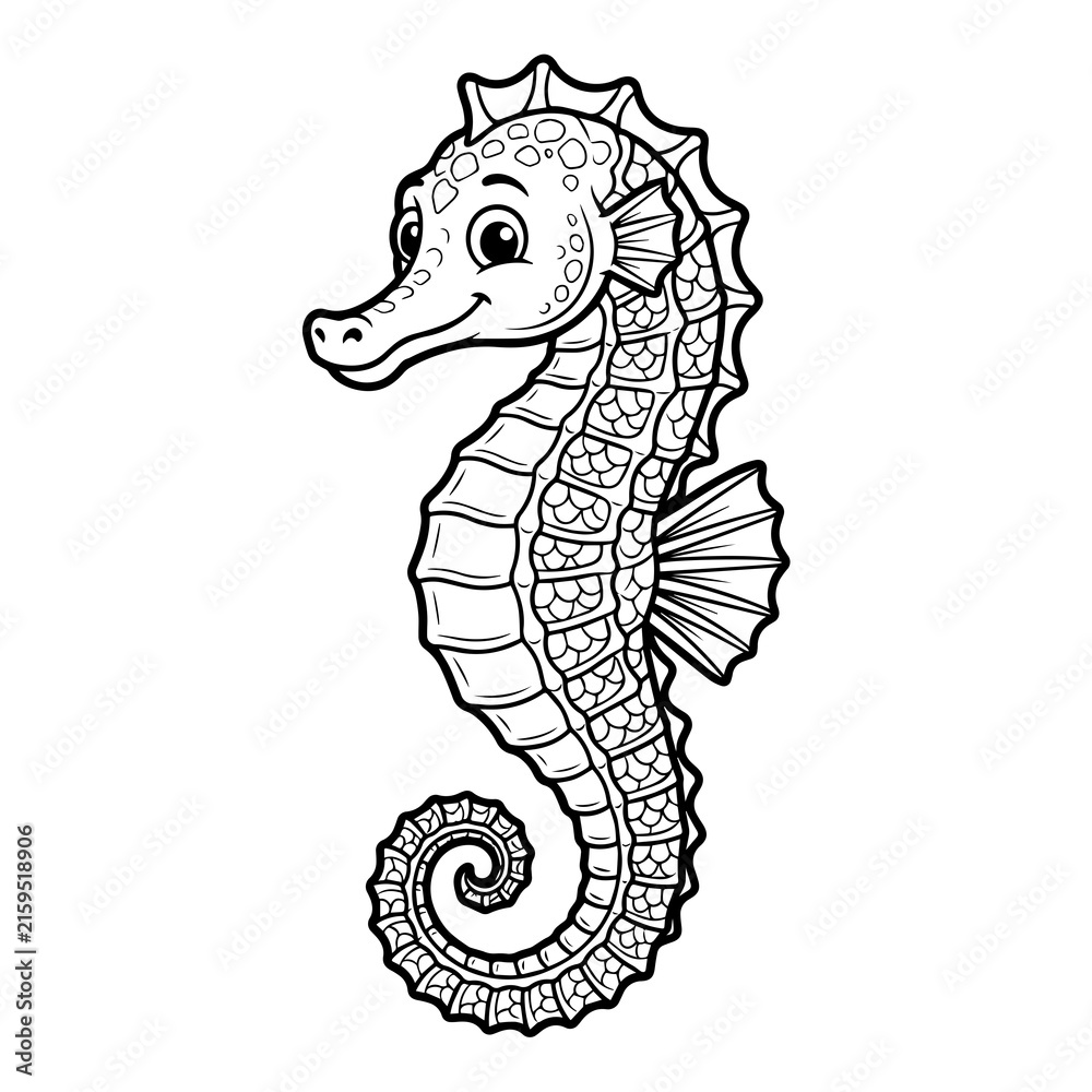 Fototapeta premium A cute cartoon seahorse with detailed scales and a curled tail, isolated on a white background, black and white line for coloring page